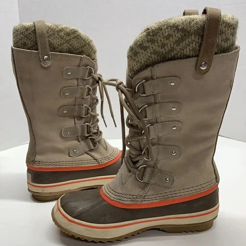 Sorel Joan of Arctic Boots Knit Lace Up Winter Waterproof Snow Boot Tan Size 7